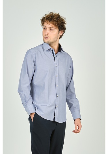 De Leone Erkek Slim Fit Uzun Kollu %100 Pamuk Gömlek 2008 Mavi Mavi