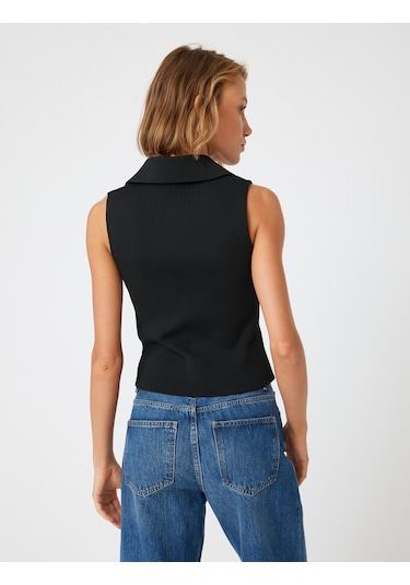 Koton Polo Yaka Kolsuz Triko Üst Yarım Fermuar Detaylı Fitilli Ekru 5wak30020ht Siyah