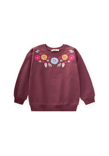 Cigit Çiçek Nakışlı Sweatshirt 2-7 Yaş Mürdüm Mürdüm