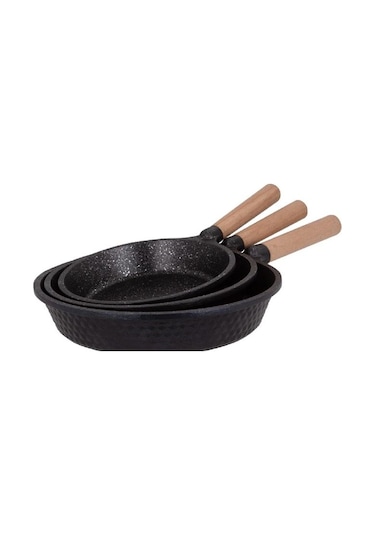 İmza Antik Ahşap Sap Granit Döküm Tava Seti 3lü 20-24-28 Cm Siyah