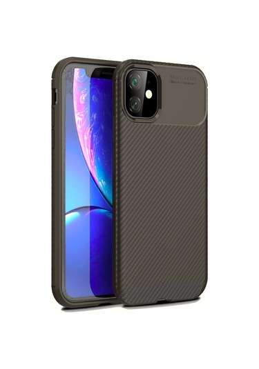 İphone Uyumlu 11 Kılıf Focus Carbon Desen Silikon Kapak Kahverengi
