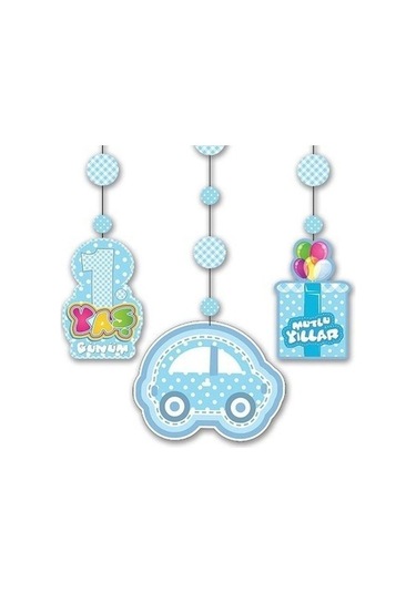 1 Yaş Temalı Asmalı İp Süs Mavi Renk 3 lü Set 12x45 cm