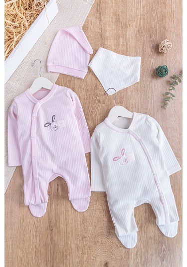 Tavşan Figürlü 2'li Uzun Kollu Kız/erkek Bebek Tulum Takım Bej