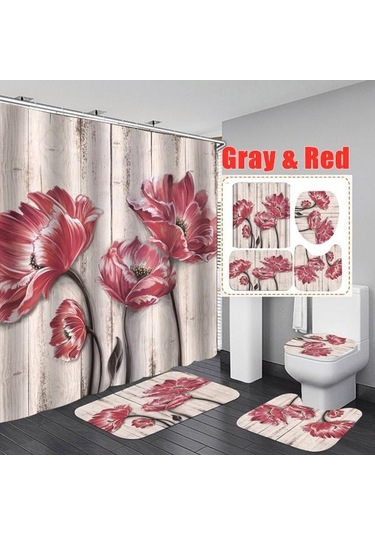 Gri&kırmızı Çiçek Açan Çiçekler Gül Kelebek Duş Perdesi Seti Su Geçirmez Banyo Klozet Kapağı Banyo Kaymaz Mat Halı Halı Banyo Dekor 4 A Gri - Kırmızı