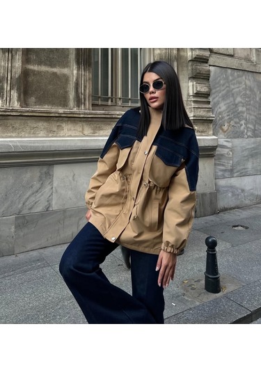 Cemo Denim Detaylı Rüzgarlık Ceket Fermuarlı CAMEL