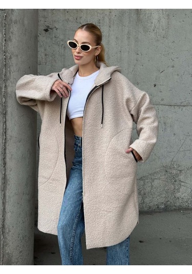 Kapüşonlu Fermuarlı Uzun Ceket Taş