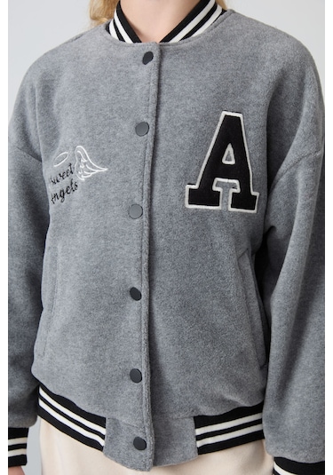 Tommy Life Gri Melanj Kalın Yumuşak Dokulu Standart Fit Nakışlı Polar Kız Çocuk Kolej Ceket - 75156 Gri Melanj