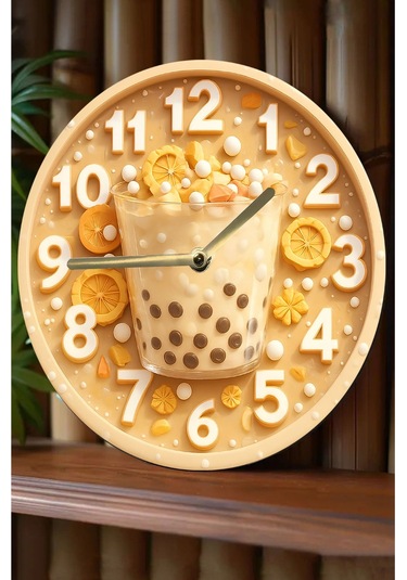 Zamanın Tadı Bubble Tea Temalı Sessiz Yuvarlak Ahşap Duvar Saati, Kuvars Coffe Desen 2d Sdw2014 Renkli