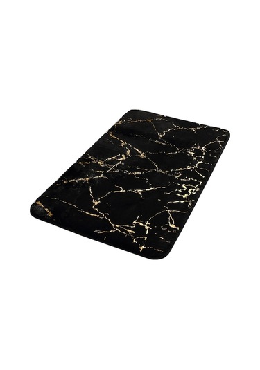 Fortunelane Siyah Mermer Desenli Yumuşak Tavşan Kürkü Banyo Halısı - Su Absorban, Kaymaz Altlı, Makine Yıkama Uygun, 40x60 Cm Siyah
