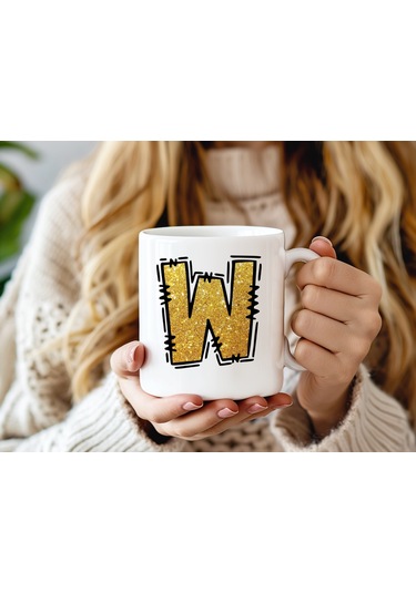 W Harfi Gold Simli Kupa Işıltılı Alfabe Harf Tasarımlı Kahve Kupası - Kişiye Özel Hediye Beyaz