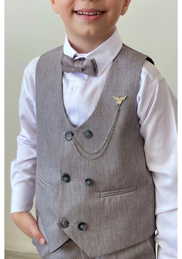 Erkek Çocuk Takım Elbise Papyonlu Yelekli Takım Elbise Gri