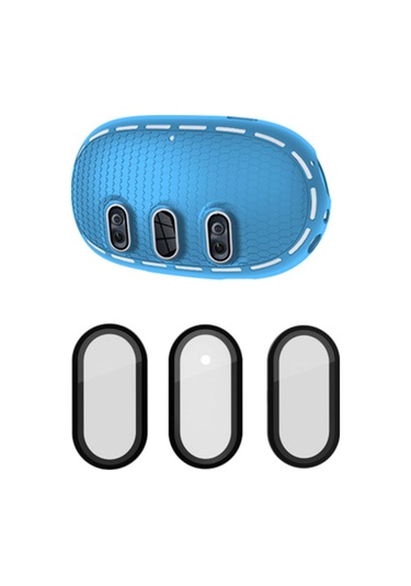 Meta Quest 3 İçin Silikon Kılıf + Titanyum Alaşımlı Temperli Cam Lens Filmi Vr Kulaklık Aksesuarları - Mavi / Siyah