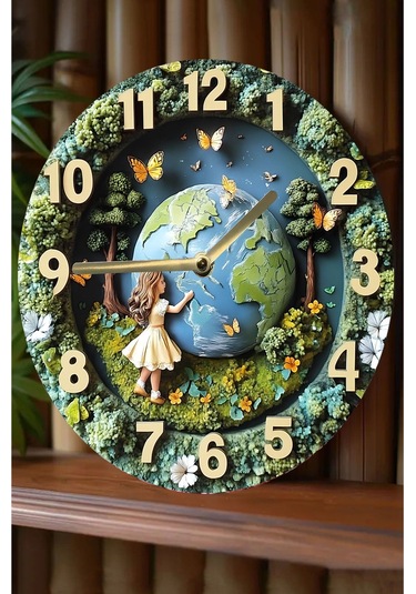 Doğa Ve Dünya Temalı Mdf Duvar Saati 3d Görünümlü, Sessiz Mekanizmalı, 2d Hd Baskı Sdw240 Renkli