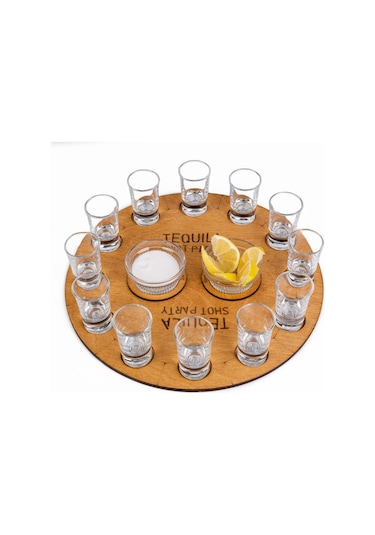 12 Tekila Bardağı. 2 Kase. Ahşap Tekila Tepsisi. Shot Set. Sunum