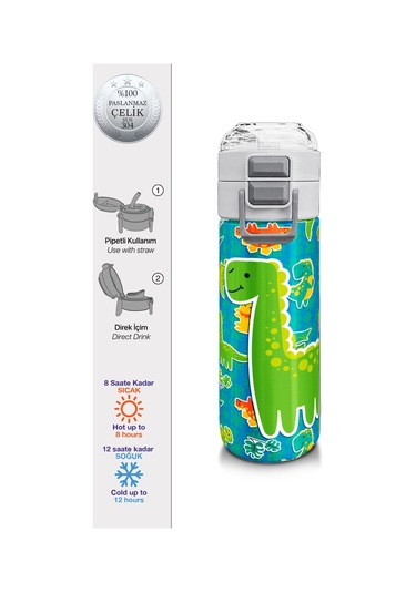 Coral High Kids Mavi Yeşil Dinozor Desenli Pipetli Ve Direkt İçim Çelik Termos 500 Ml 31798 Mavi