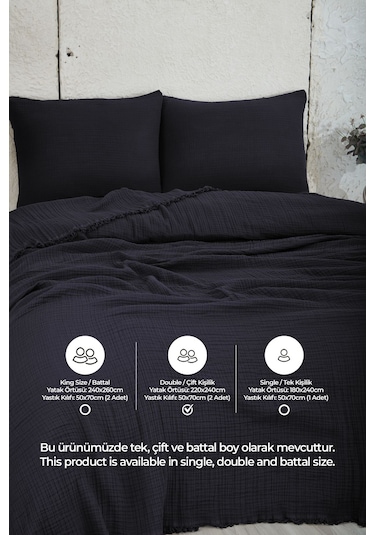 %100 Pamuk Çift Kişilik Müslin Yatak Örtüsü 4 Katlı Yumuşak Battaniye Müslin Pike Takımı 3 Parça Siyah Siyah