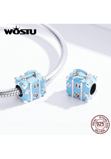 Wostu Moda 925 Ayar Gümüş Bavul Bagaj Mavi Boncuk Fit Orijinal Bilezik Charm Kolye Gümüş