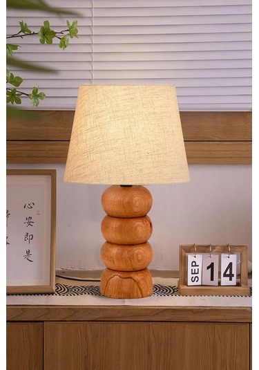 Rika Masif Ahşap Ayaklı Keten Kumaş Başlık Abajur Dekoratif Masa Lambası Keten