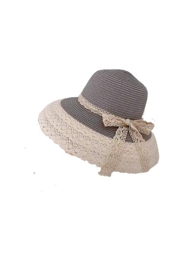 Dantel Şeritli Plaj Hasır Güneş Şapkası 2487 Gri