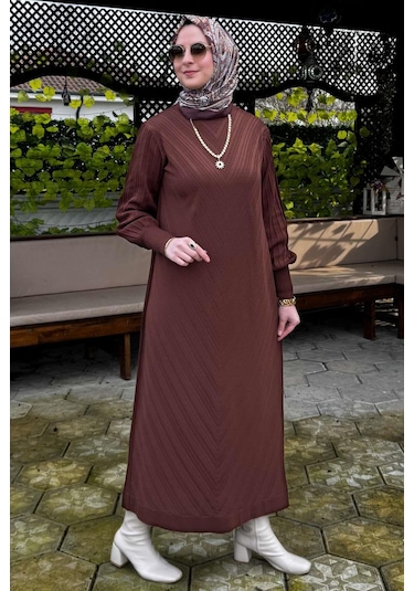Yağmur Triko Elbise Kahve Normal