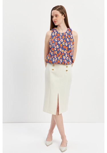 Stella Pulvis Krem Düğme Detaylı Kalem Etek Krem