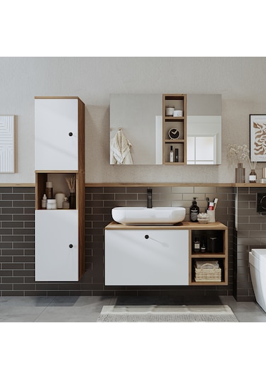 "lavabolu" Mdf 95 Cm Çekmeceli Lotus Oval Lavabolu Banyo Dolabı Atlantik Çam - Beyaz