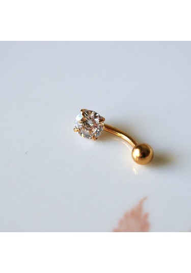 Heppii Cerrahi Çelik Ucu Taşlı Göbek Piercingi Gold Renkli Altın