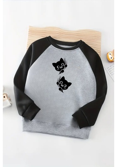 Unisex Gri-siyah Reglan Sweatshirt Meraklı Patiler Baskılı, Uzun Kollu Gri Siyah