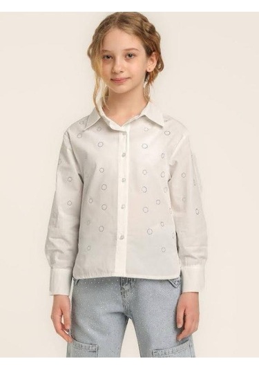 Kız Çocuk Pamuklu Uzun Kollu Taşlı Gömlek-15670 Beyaz