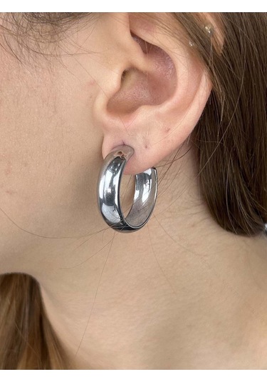 Geniş Yassı Formlu, Halka Model, Paslanmaz Çelik Küpe 353, Gümüş Renk Gümüş