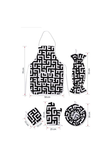 6 Parça Mutfak Seti & Mutfak Önlüğü , Fırın Eldiveni , 2li Tutacak , Organizer Poşetlik , Demlematiksiyah Labirent