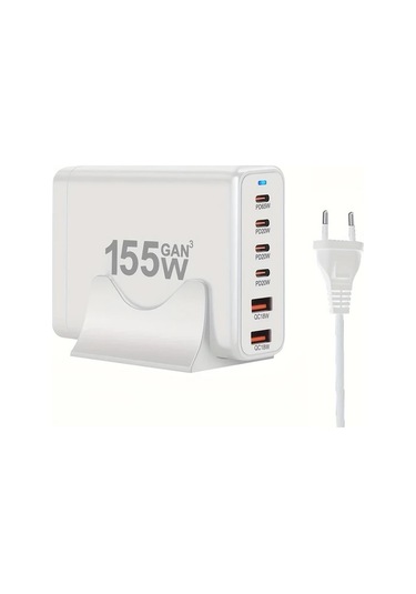 Motion003 155w 6 Portlu Masaüstü Şarj Cihazı Usb C 65w Ve Usb A 18w Hızlı Şarj Beyaz Avrupa Fişli Adaptör Dizüstü Bilgisayar İphone Uyumlu İçin