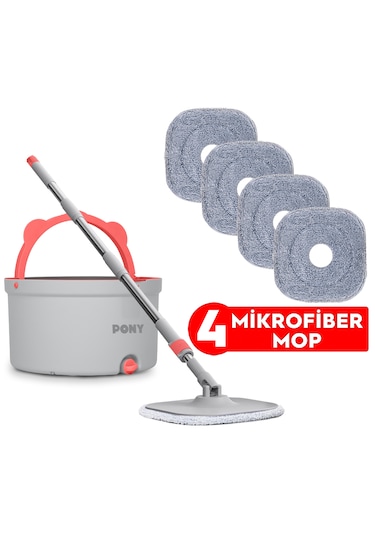 Pony Gri 4 Adet Mikrofiber Mop Temiz & Kirli Suyu Ayırma Özelliği Otomatik Temizlik Seti Paspas