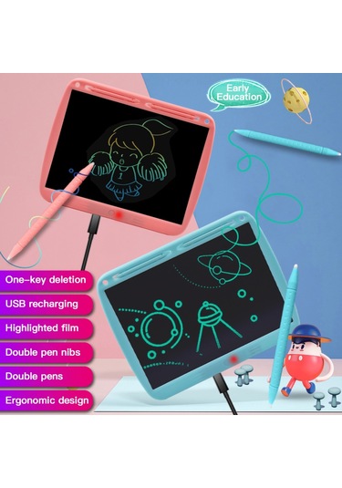 Mufunye 15 İnç Renkli Elektronik Çizim Tahtası, Çift Kalemli Monokrom Model Mavi Mavi