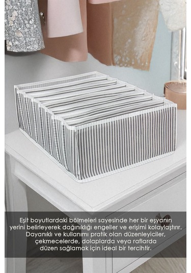 8 Bölmeli Çizgili Akordiyon Çok Amaçlı Çekmece Dolap İçi Organizer Düzenleyici 24x37x18 Cm L Gri