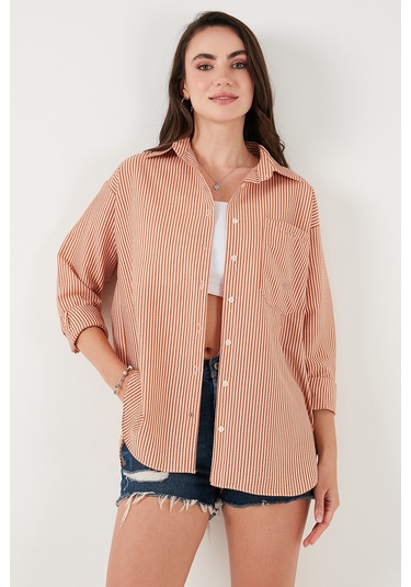 Lela Regular Fit Uzun Kollu Cepli Çizgili Bayan Gömlek 6772895 Kiremit