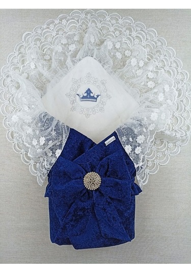 Dantelli Taçlı Bebek Kundağı Unisex Bebek Dış Kundak Battaniyesi Hastane Çıkışı Mevlütlük Kundak Lacivert