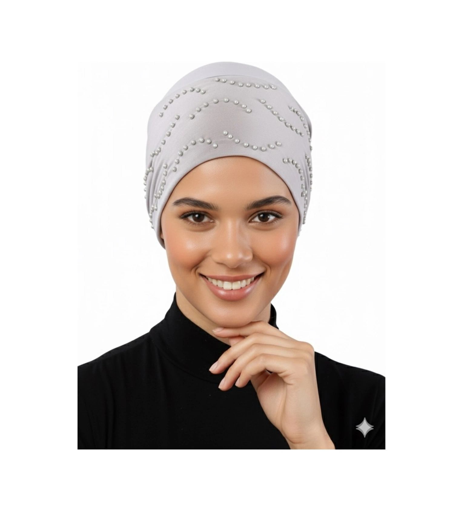 Topuzlu Açık Gri Hazır Türban Tesettür Bone Açık Gri