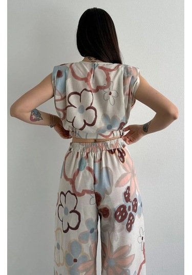 Büyük Pastel Çiçekli Vatkalı 80ler Lastikli Pantolon Crop Keten Yazlık İkili Takım Krem