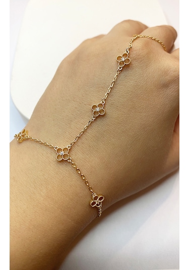 Kadın Çiçek Model Tektaş Detay Gold Renk Çelik Şahmeran Altın
