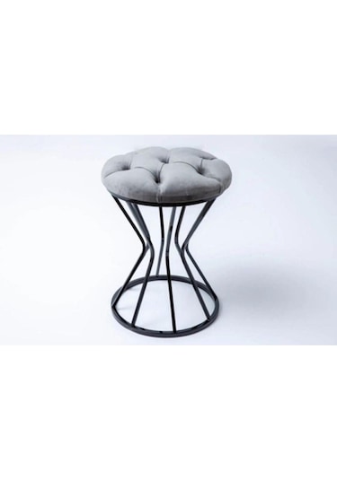 Metal Ayaklı Lüks Puf Tabure Kara Inci Gri