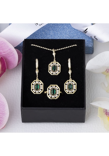 Yeşil Zirkon Taşlı Gold Rengi 925 Ayar Gümüş Kadın 3'lü Set Gold