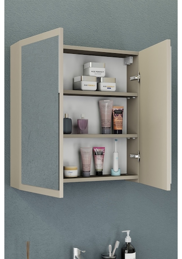 Biani Fix Loft 75 Cm Banyo Dolabı,Seramik Lavabolu, Aynalı,Lavabo Dahil,Mdf,Latte