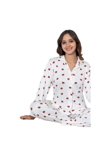 Yaren Collection Pamuklu Kadın Pijama Takımı Uzun Kollu Nefes Ala Beyaz