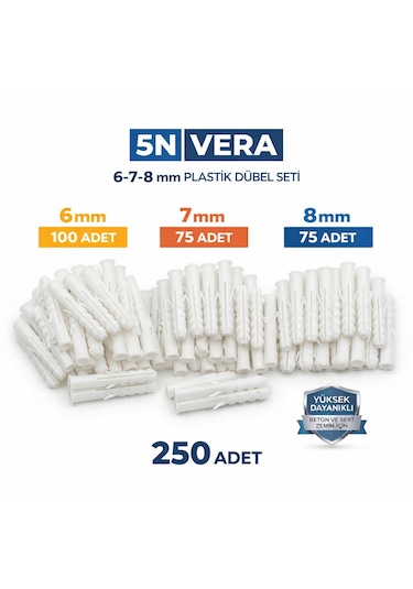 250 Adet Plastik Dübel Seti 6mm-7mm-8mm Duvar Ve Beton Montaj Dübeli