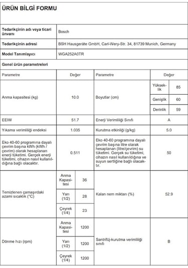 Bosch WGA252A0TR 1200 Devir 10 KG Çamaşır Makinesi