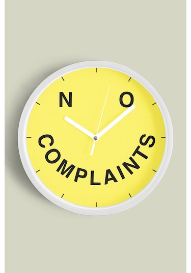 ' No Complaints '' Yazıllı Modern Tasarım Duvar Saati - 30cm - Önü Camlı Beyaz Kasa Beyaz