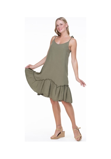 Askılı Müslin Serra Volanlı Kısa Elbise Haki Hk-haki