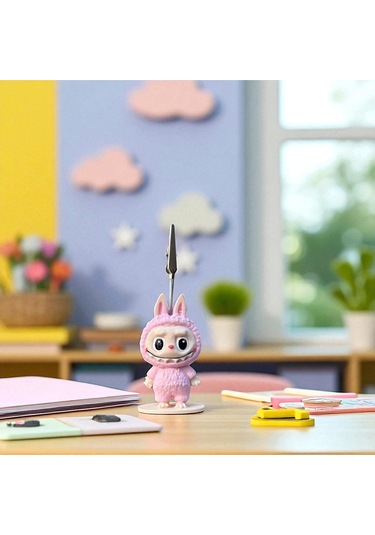 Dekoratif Sevimli Labubu Notluk - Kağıt Tutacağı - Fotoğraf Tutacak Bebek Pembe