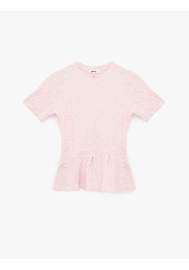 Koton Slim Fit Bisiklet Yaka Kısa Kollu Dokulu Peplum Bluz Pembe 6sak70020uk Gül